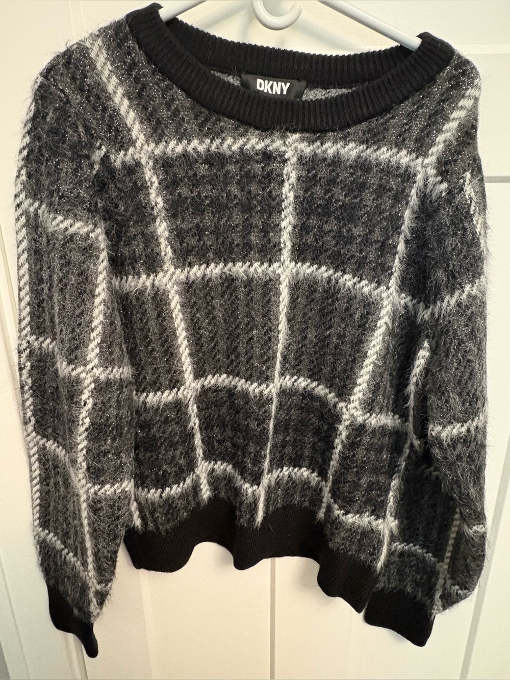 DKNY Black Gray Windowpane Fuzzy Crewneck Sweater